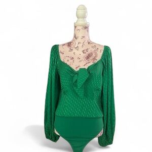 Express Satin Jacquard Tie Front Thong Bodysuit